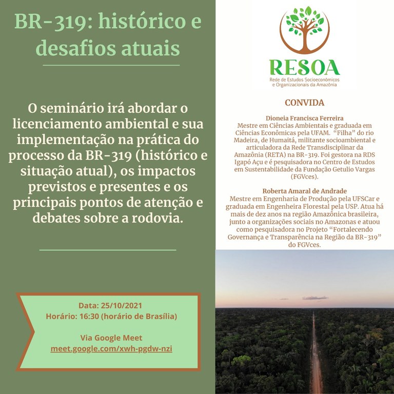 cartaz de divulgação com as informações contidas no texto acima e uma imagem de uma estrada passando em meio à floresta densa.