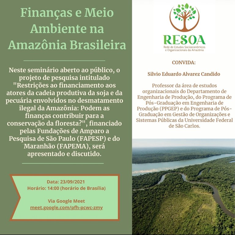 cartaz de divulgação com as informações contidas no texto acima e uma vista de cima da floresta amazônica de dois rios margeados pela vegetação